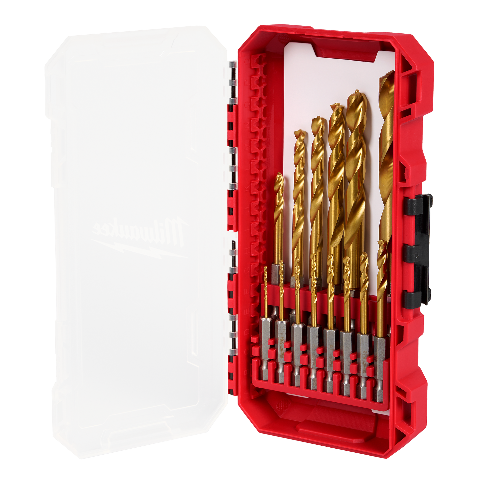 Open red Milwaukee PACKOUT™ case with clear lid displaying a set of gold-toned drill bits organized for woodworking and tool accessories at Hartville Hardware.