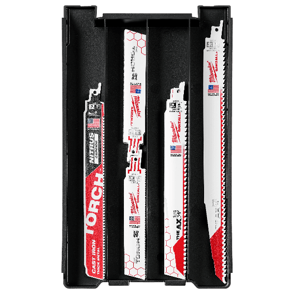 Selection of Milwaukee power saw blades organized in a black storage case for woodworking and metal cutting tasks