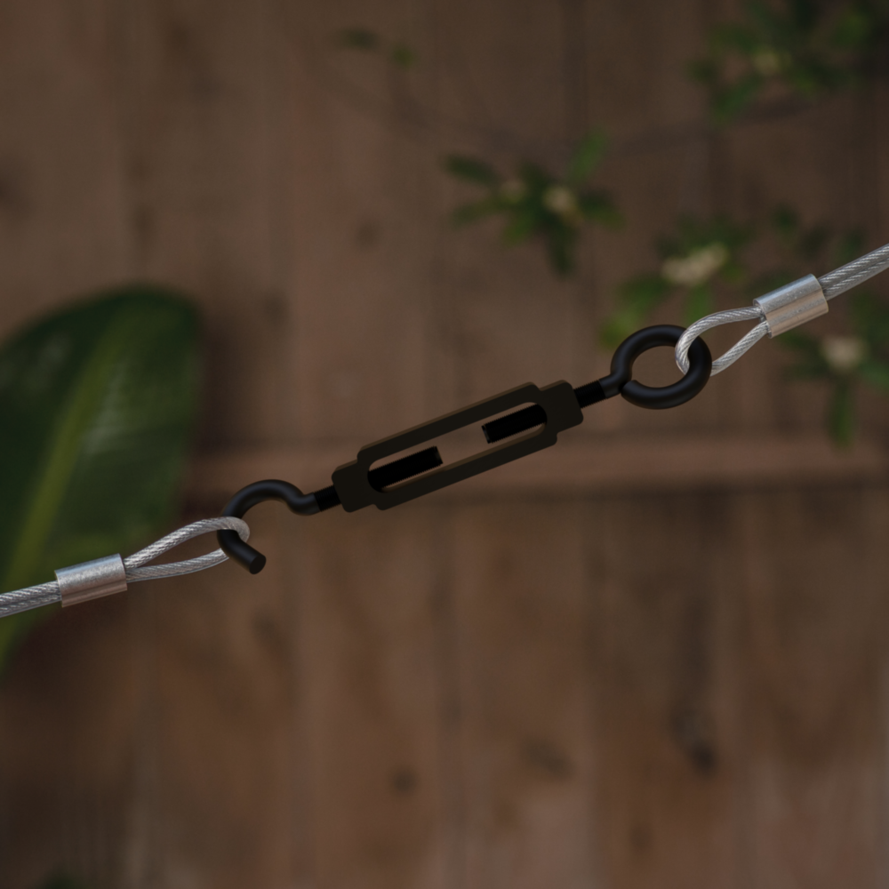 Black Storm Shine finished hook and eye turnbuckle for tension adjustment in storage and garage organization tools under $50