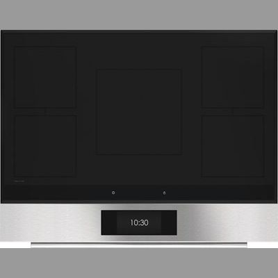 Black induction cooktop with digital clock display and stainless steel front panel for modern kitchen use