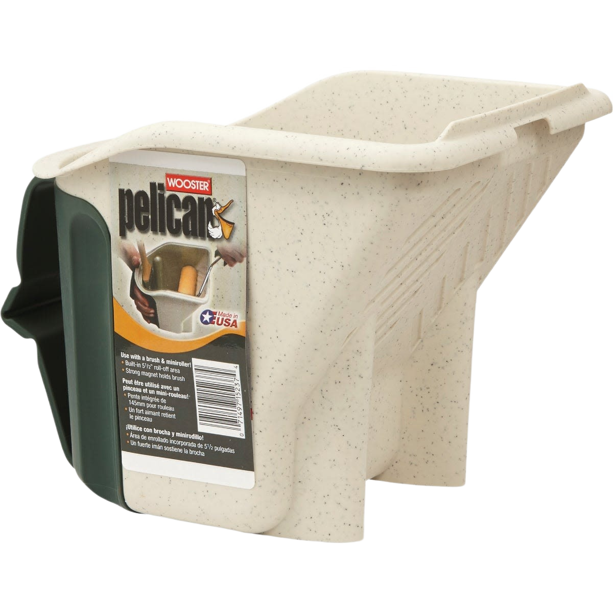 Beige plastic painting bucket with wide angled mouth and built-in magnet for brush storage in cleaning tools collection