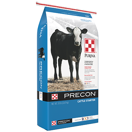 Blue and white bag of Purina Precon Complete cattle starter supplement with cow image for livestock nutrition