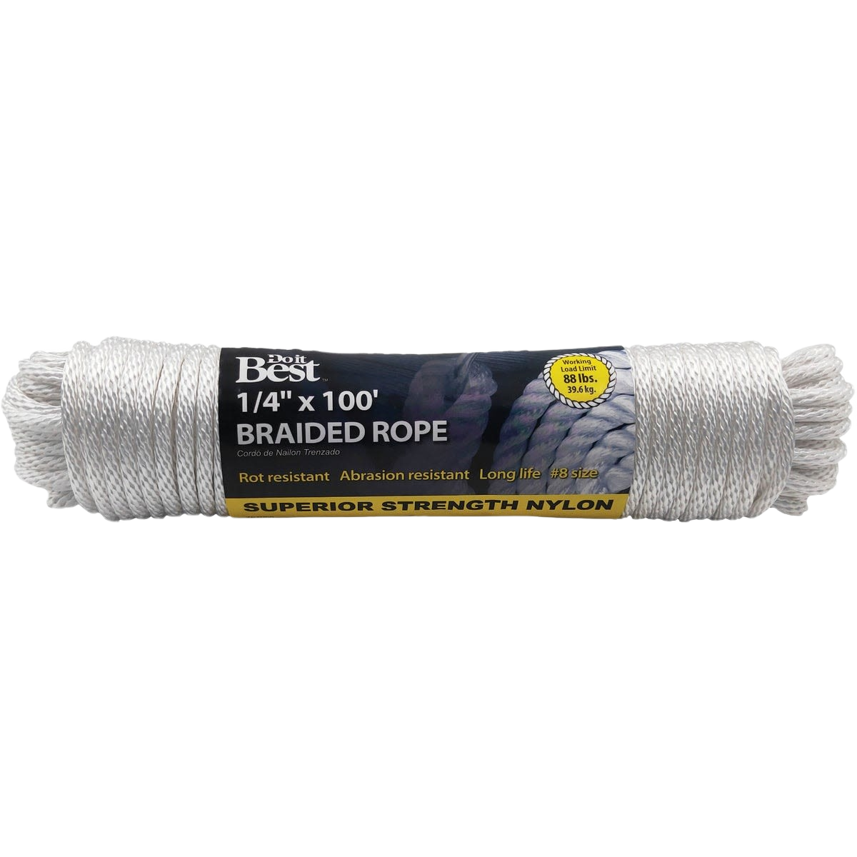 White braided nylon rope coil with durable packaging for tools and home improvement tasks