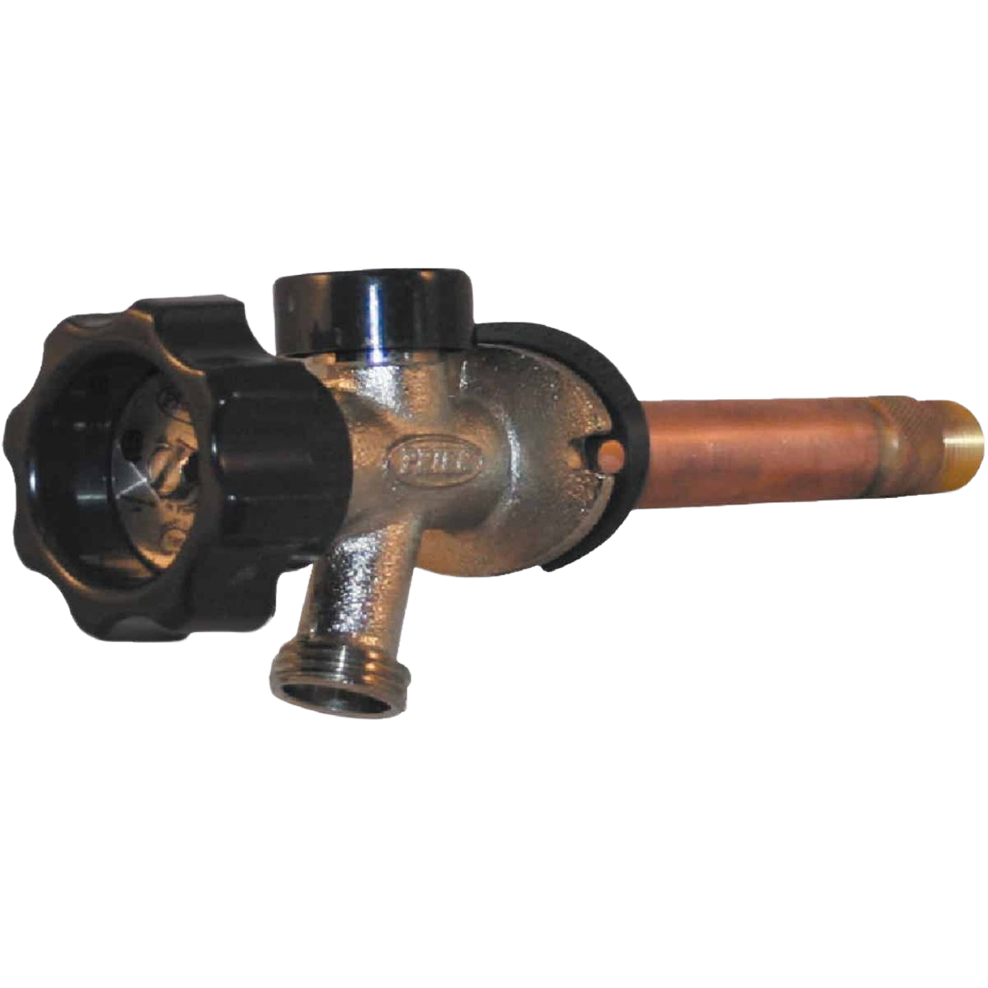 Anti-siphon frost-free wall hydrant with brass body and black plastic handle for plumbing and home improvement use