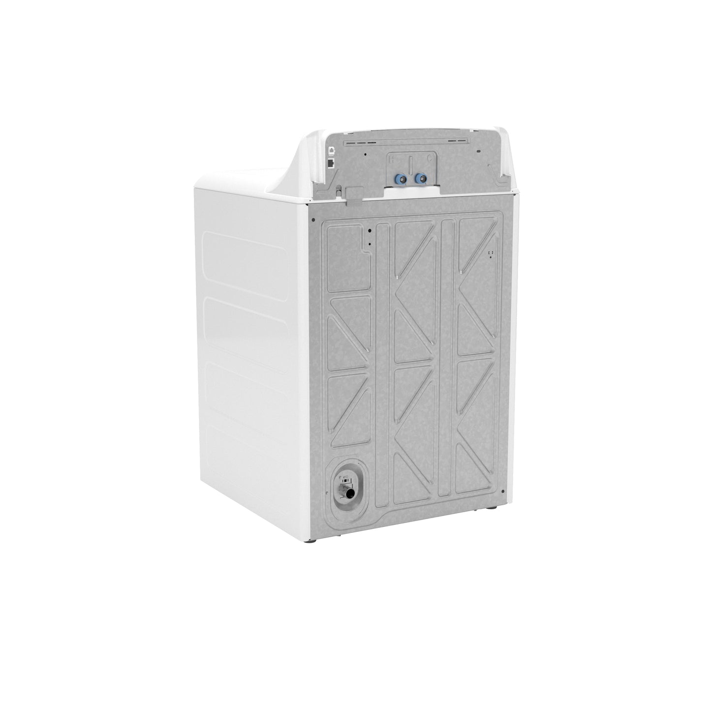 Back view of a white top load washer showing metal panel with water inlet and drain connections in washers and dryers collection