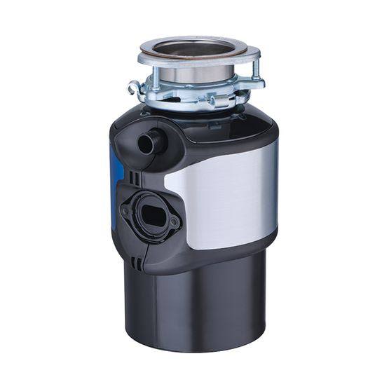 Black and silver 1HP garbage disposal unit with metal mounting assembly for kitchen tools and home improvement use