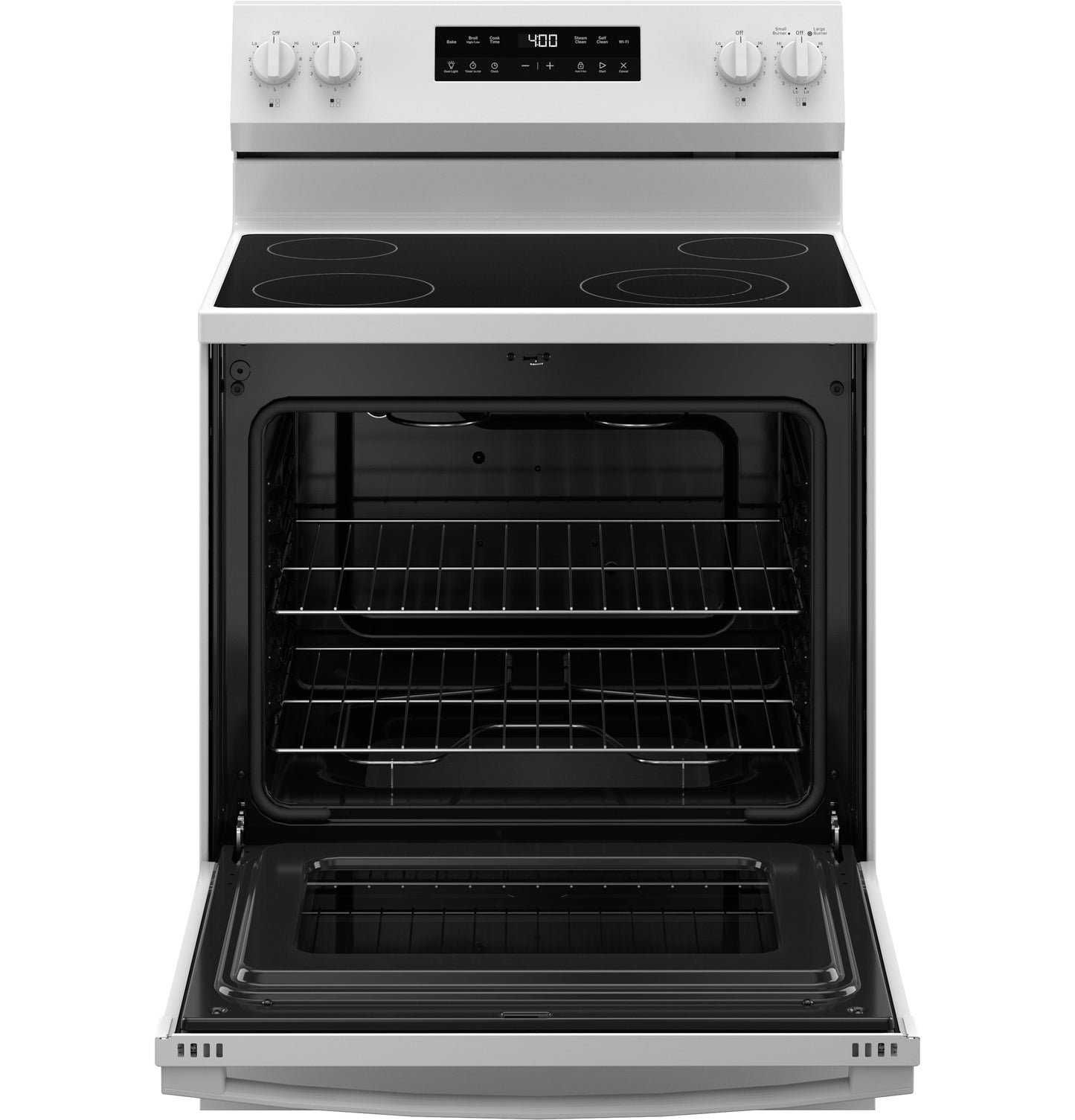White free-standing electric range with smooth glass cooktop, control knobs, digital display, and open oven from Ranges collection