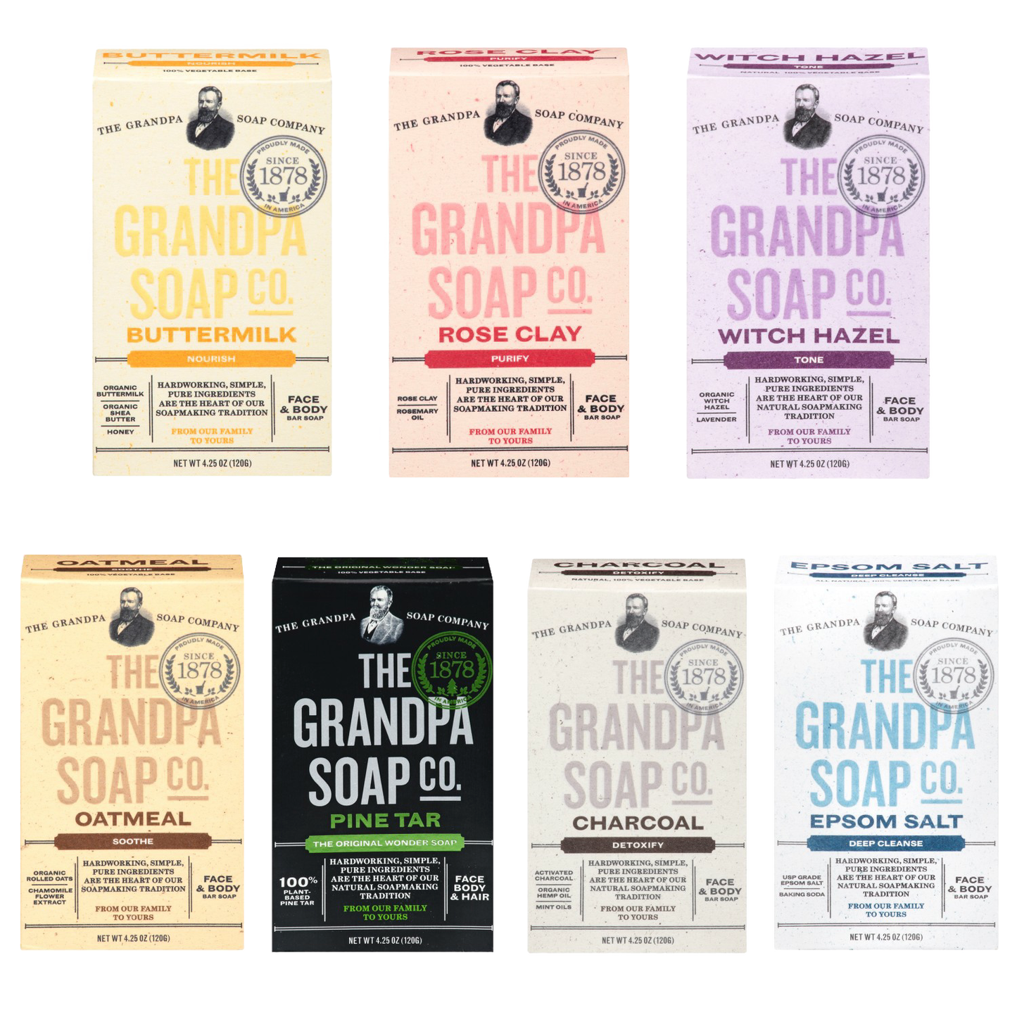 Seven bars of Grandpa's Pine Tar Soap in assorted scents and colors, part of Health & Beauty and Under $50 collections