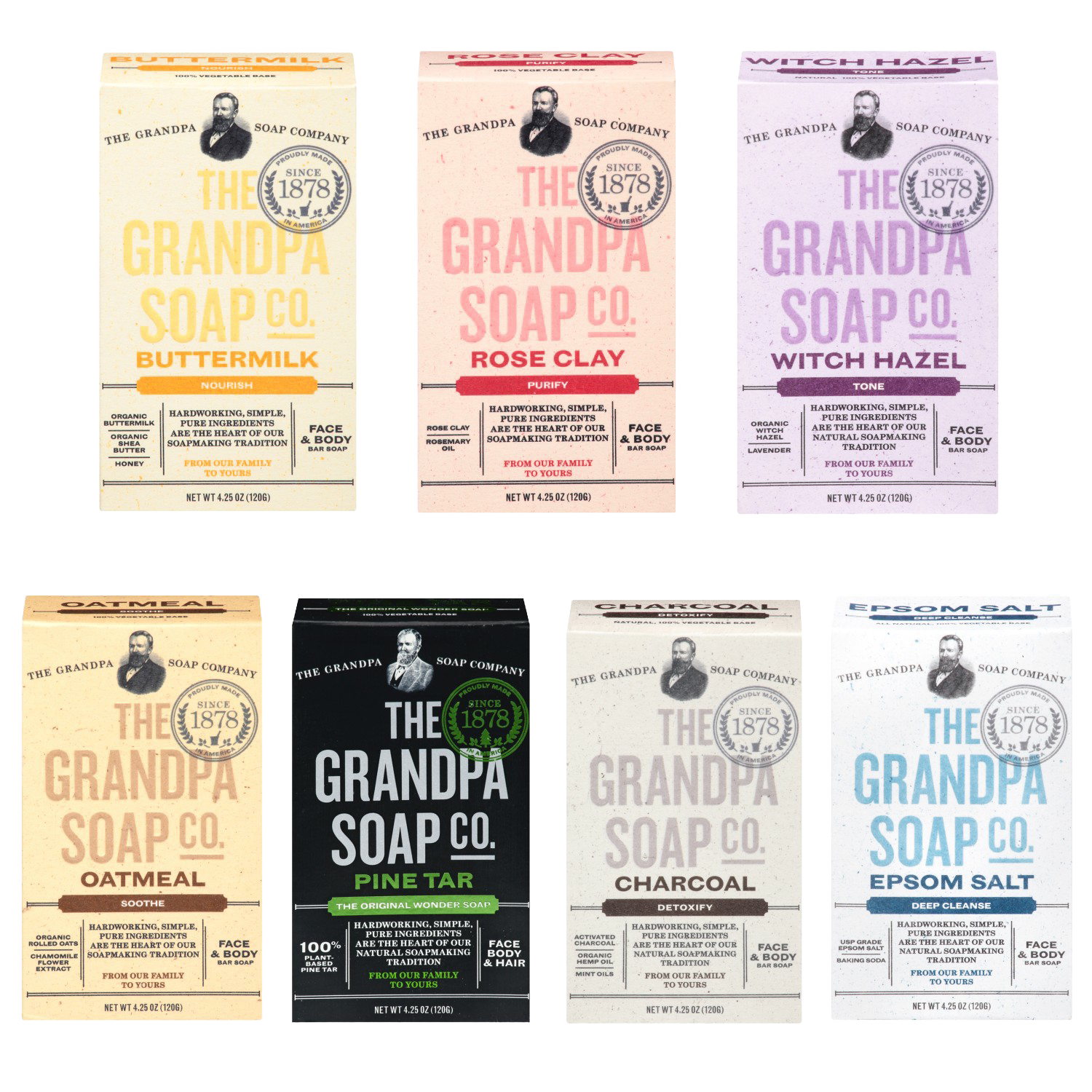 Seven bars of Grandpa's Pine Tar Soap in assorted scents and colors, part of Health & Beauty and Under $50 collections