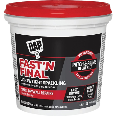 Container of lightweight spackling for small drywall repairs with fast drying and no sanding needed in home improvement tasks