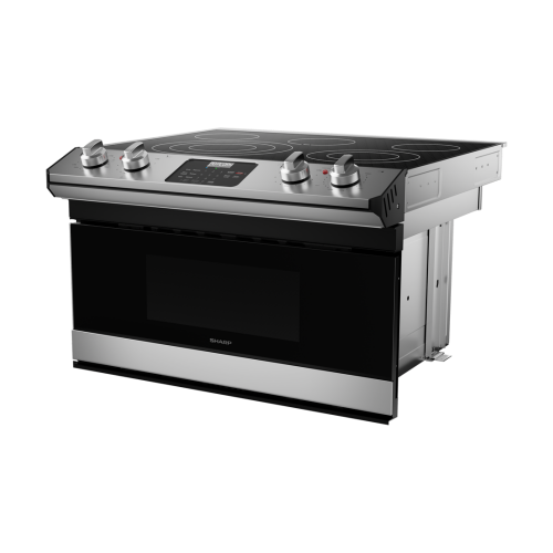 30-inch smart combination electric cooktop with microwave drawer, stainless steel, LED display, and control knobs in kitchen appliances collections