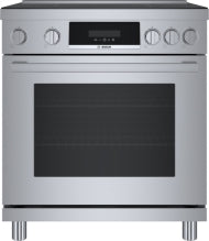 Front view of stainless steel induction freestanding range with metal knobs and ergonomic digital display from Bosch collection