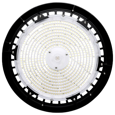 Black high bay LED light with circular array of LEDs for industrial and home improvement lighting tasks