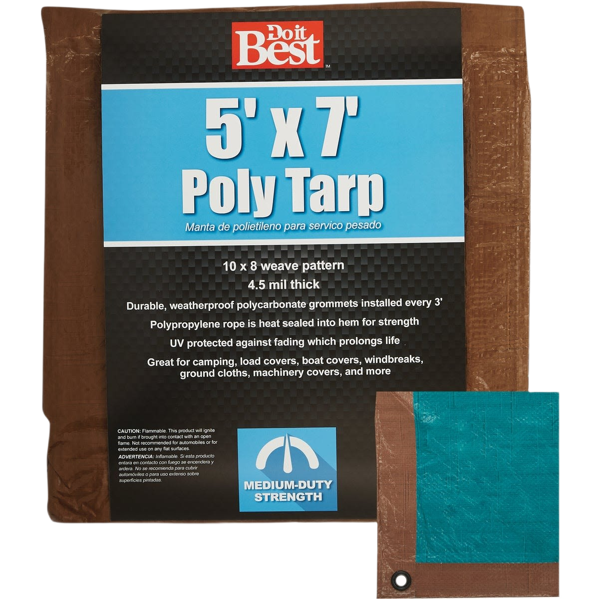Medium-duty brown and green poly tarp with reinforced grommets for durable outdoor and home improvement use