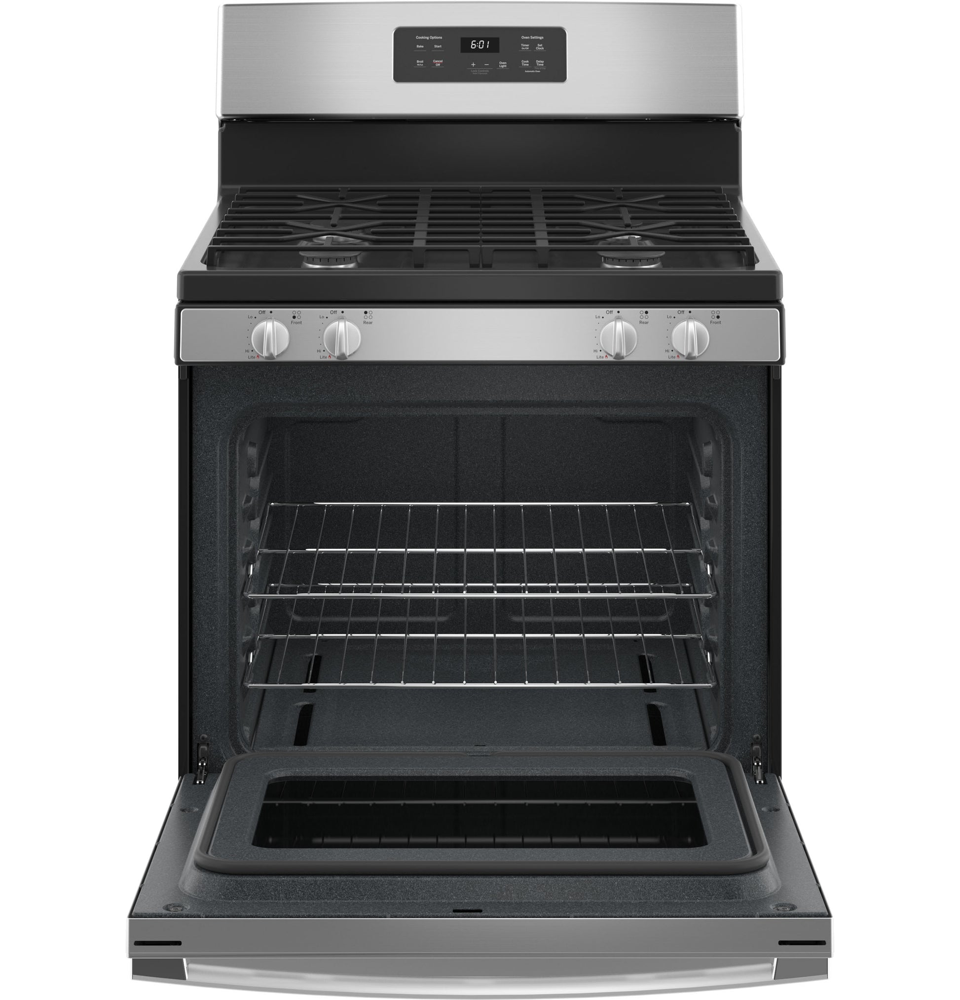 Stainless steel gas range with open oven door, two racks, four burner cooktop, and digital control panel in kitchen appliances collection