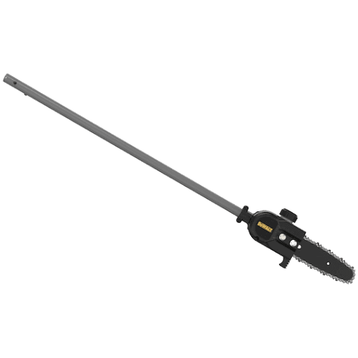 Long metal pole with black cutting head featuring an 8-inch bar and chain for pole saw and outdoor power tool use