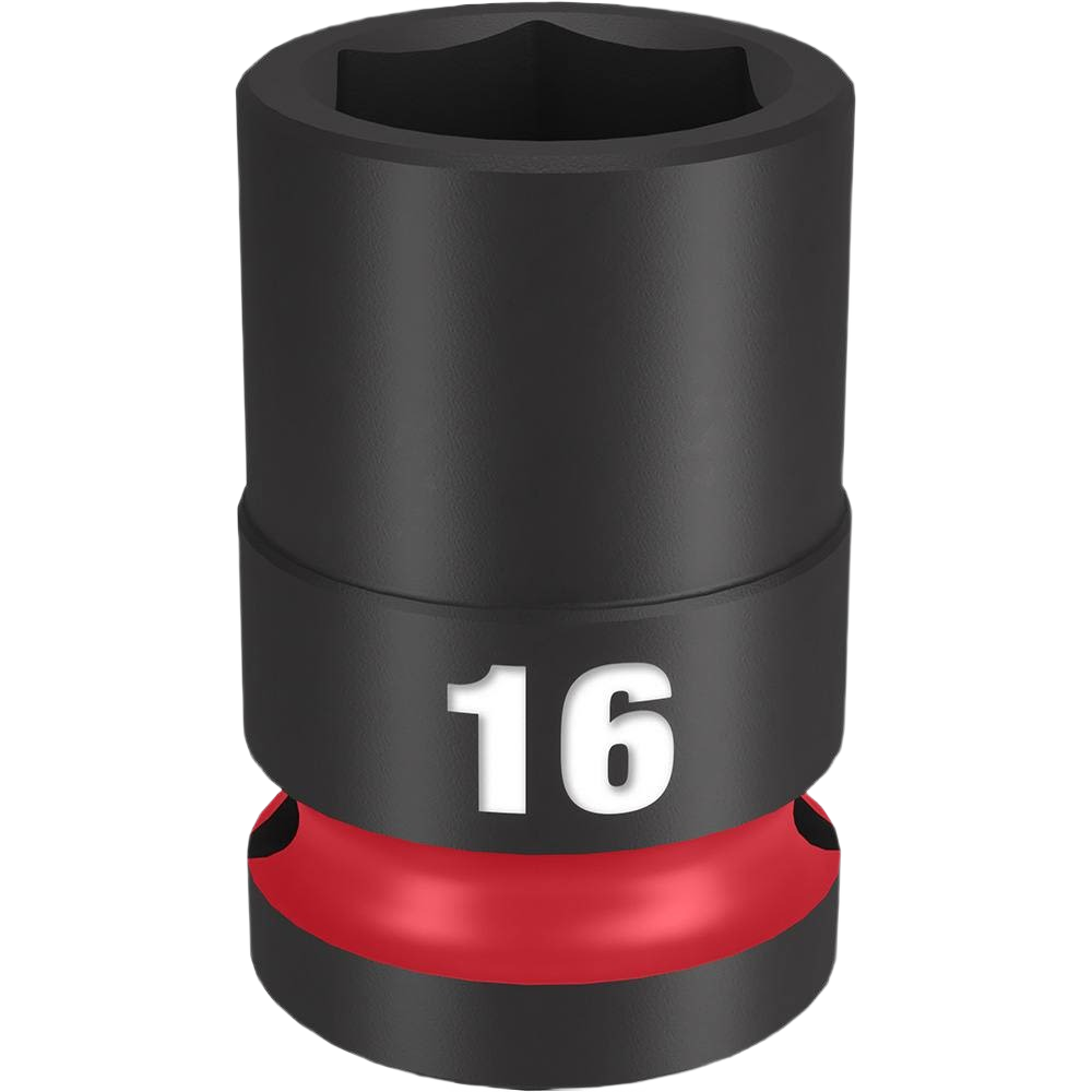 Black impact socket with 16mm size marking and red ring designed for heavy-duty home improvement tools and repairs