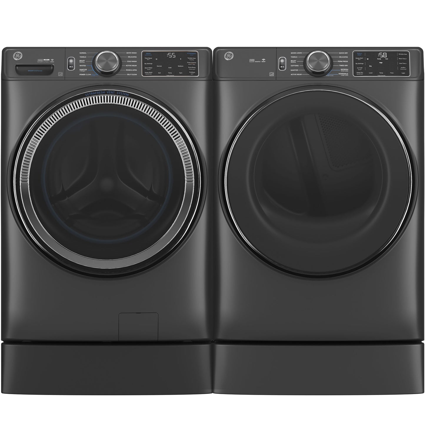 Matte black smart front load washer and matching dryer pair with digital controls in modern laundry appliance collection