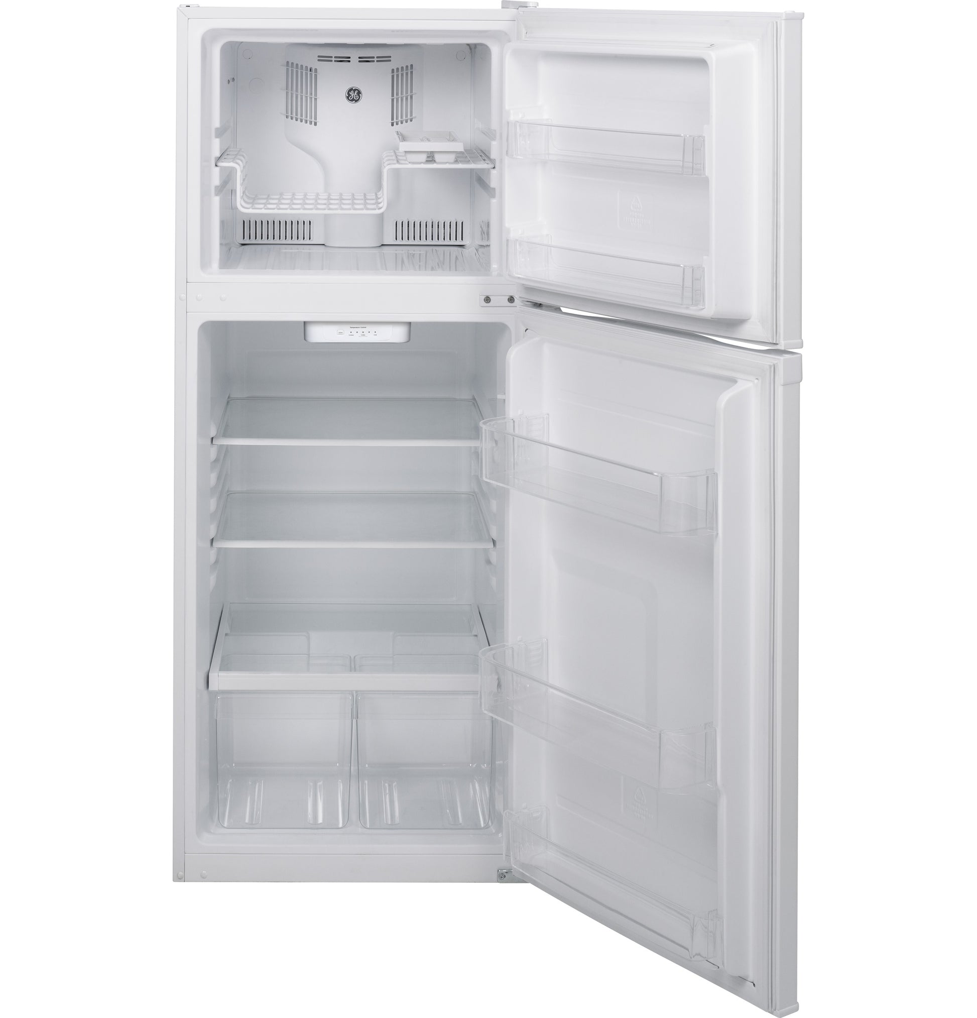 Open white GE top-freezer refrigerator with adjustable shelving and clear door bins in refrigerators and appliances collection