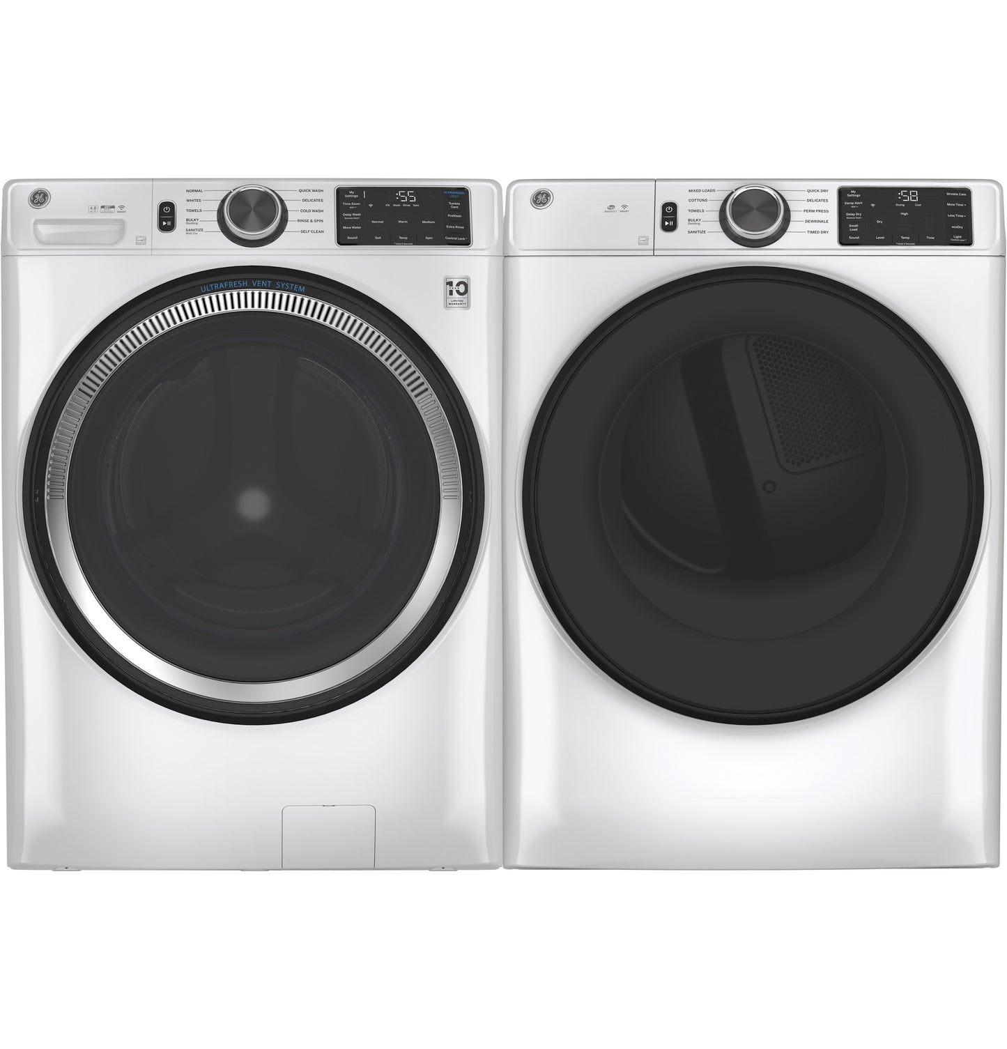 Front view of matching white smart front load washer and electric dryer pair with digital controls and large tinted doors from Dryers collection