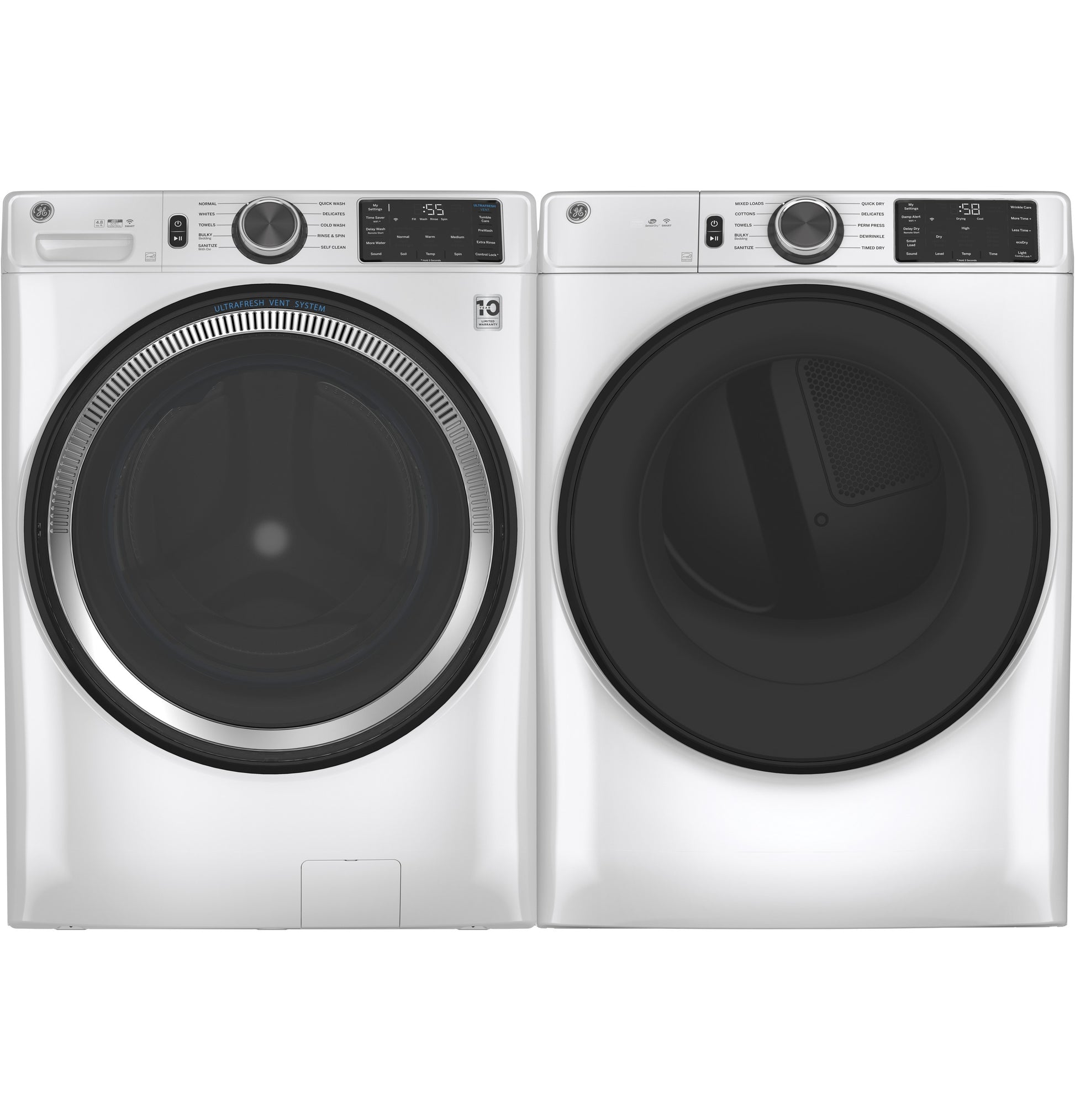 Front view of matching white smart front load washer and electric dryer pair with digital controls and large tinted doors from Dryers collection