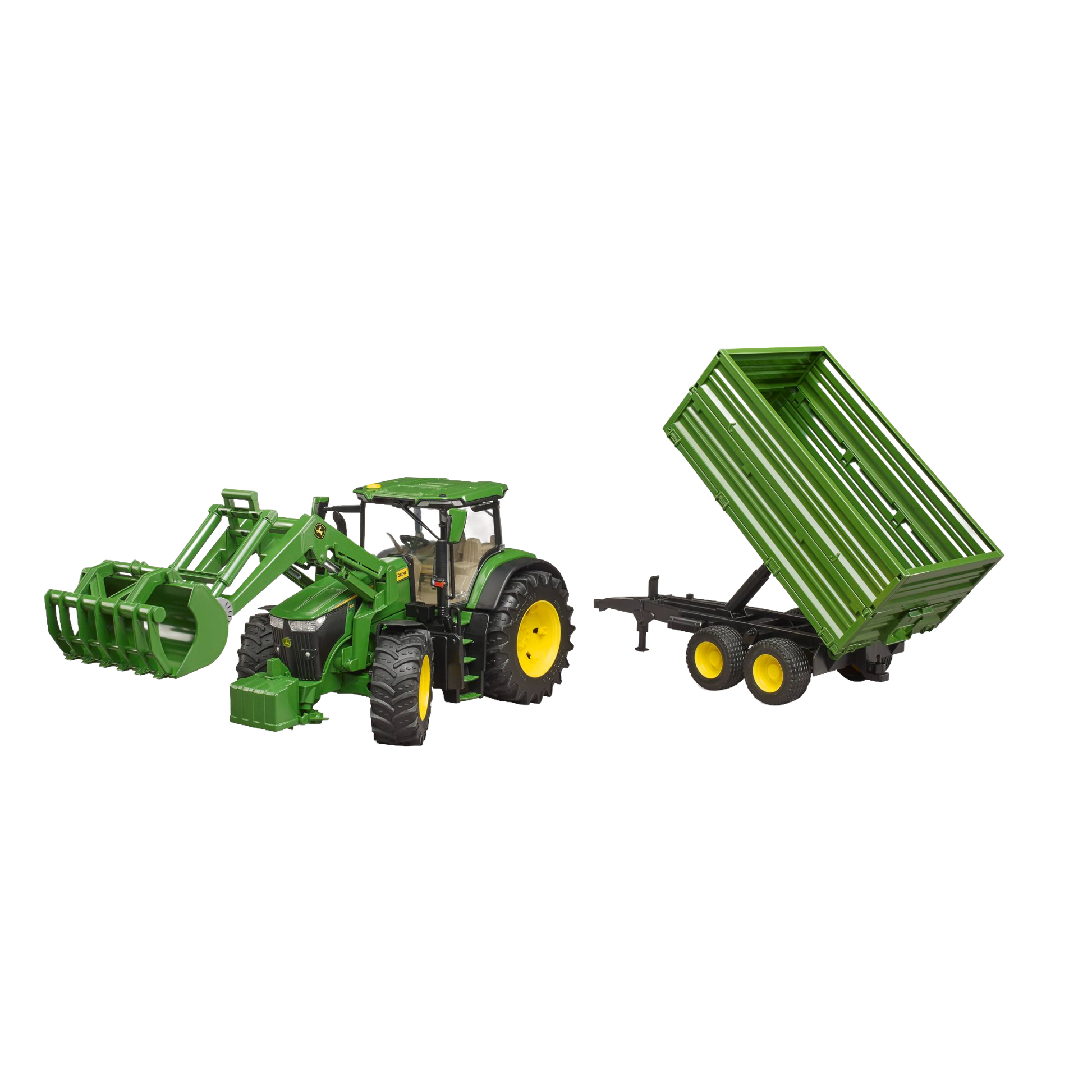 Green toy tractor with front loader and tipping trailer in Vehicles & Remote Controlled Toys and Bruder Toys collections