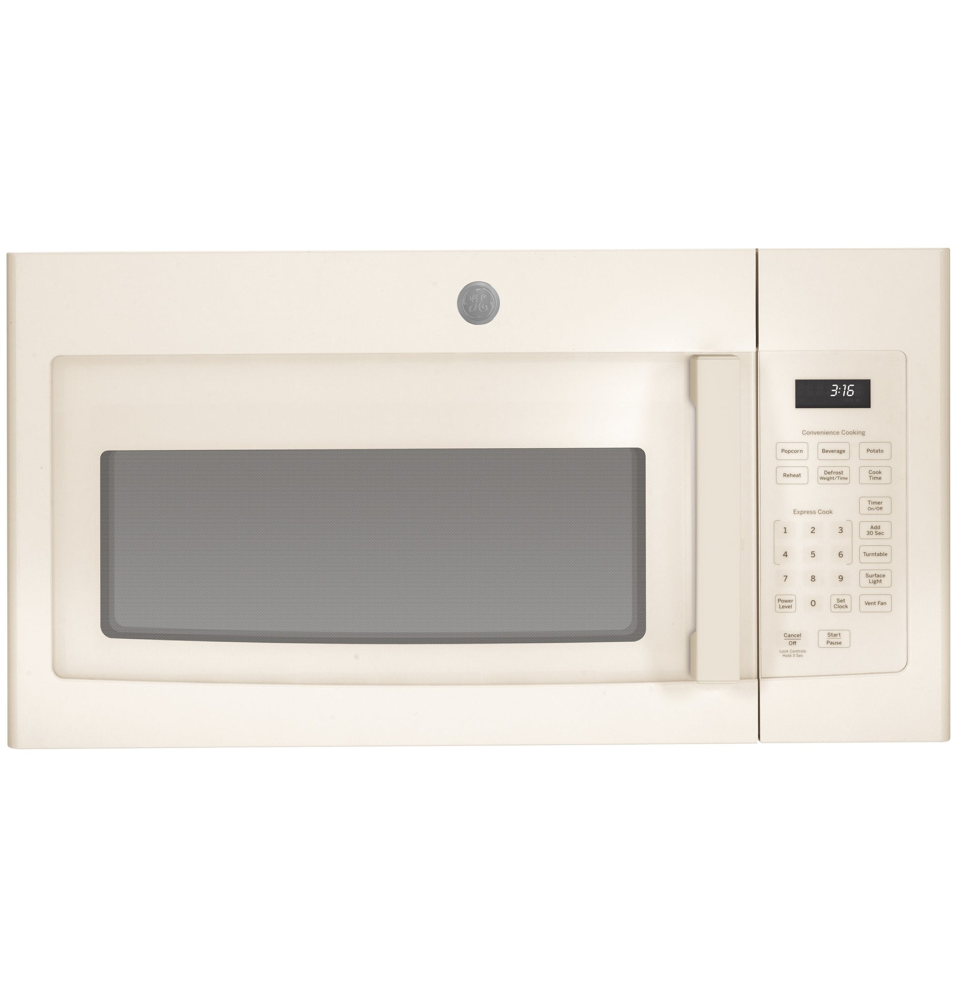 Over-the-range beige microwave oven with digital control panel and timer in kitchen appliances collection