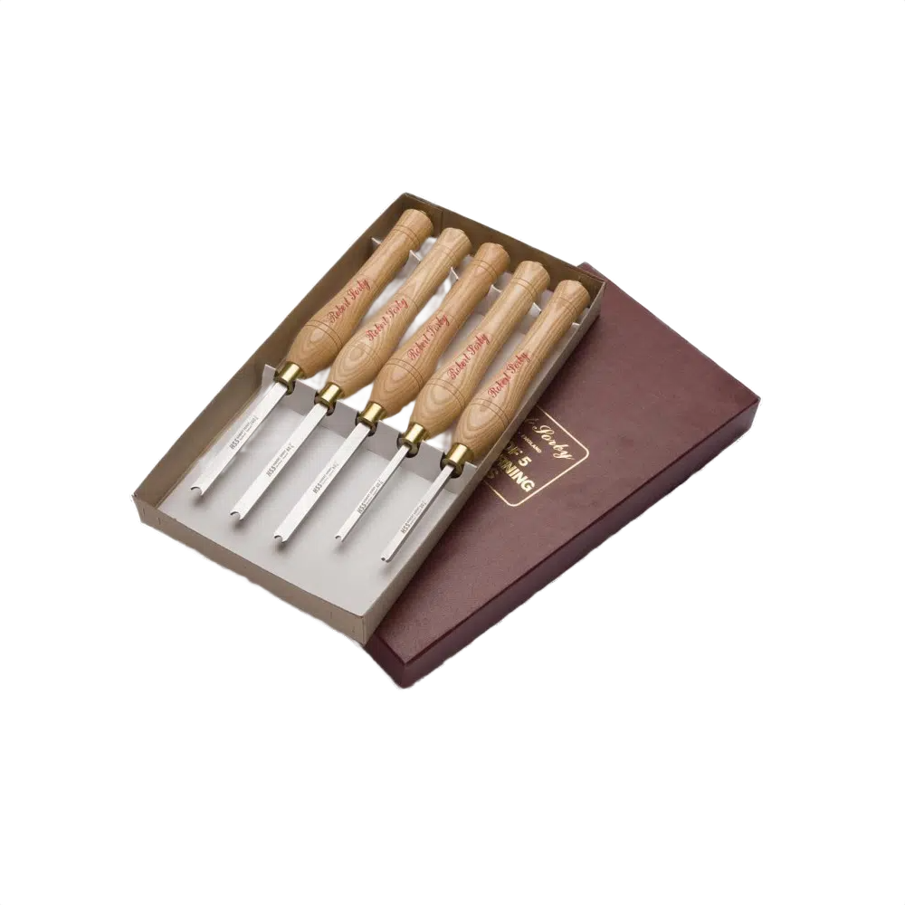 Set of five woodturning beading tools with wooden handles in a branded box for woodworking and home improvement collections