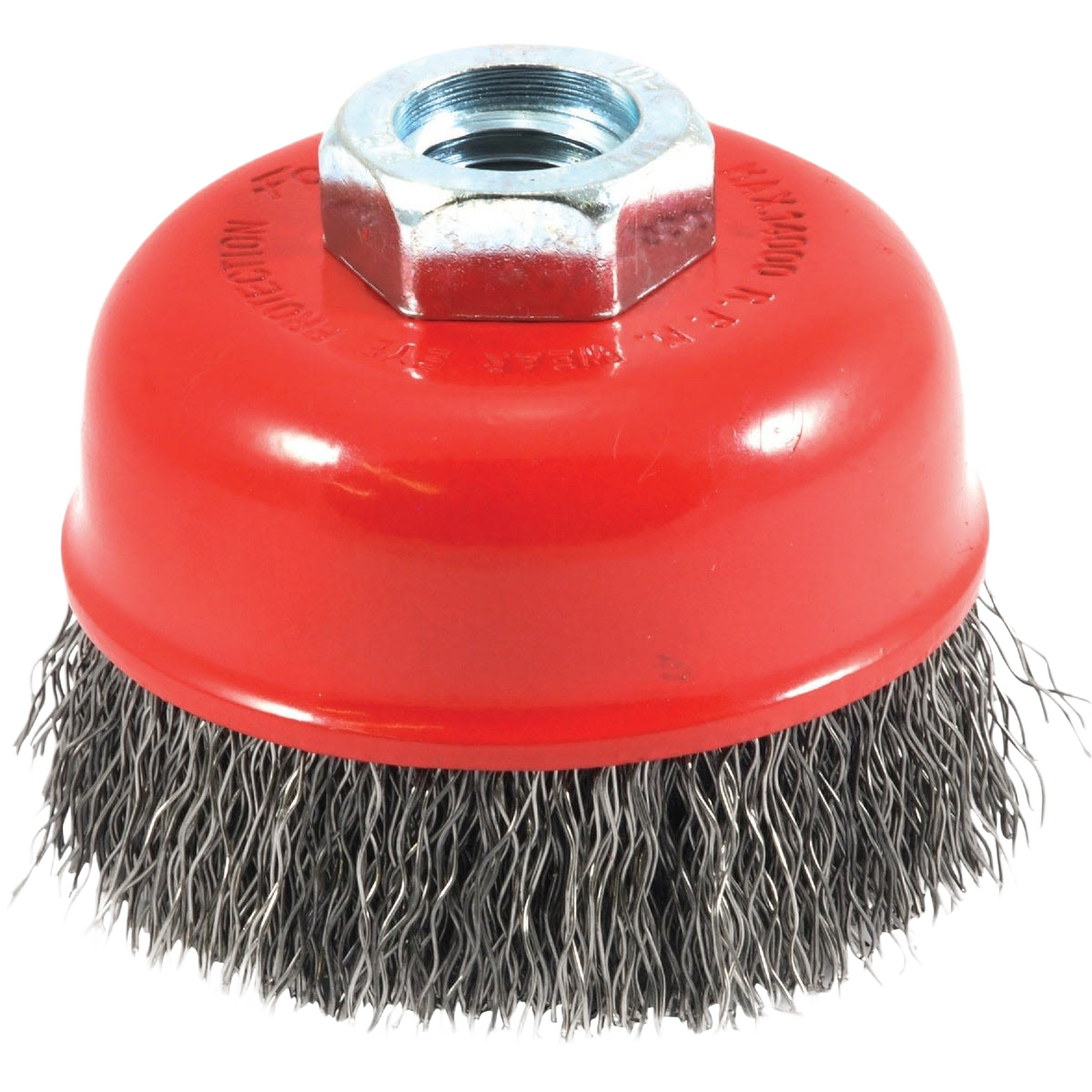 Crimped wire cup brush with red metal base for angle grinder in woodworking and power tool accessories collections