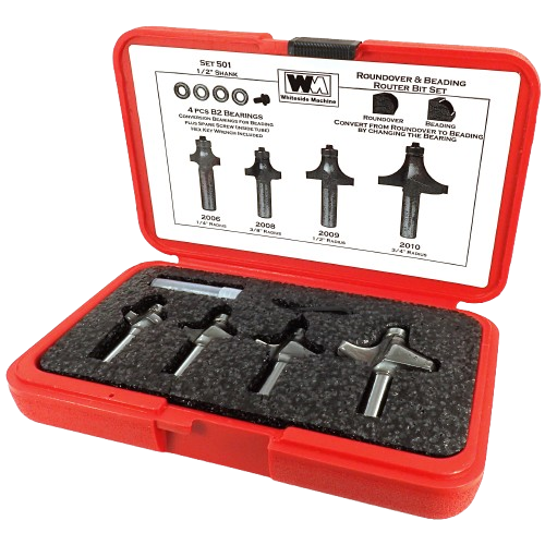 Set of four carbide roundover and beading router bits with 1/2 inch shanks in red tool case for woodworking projects