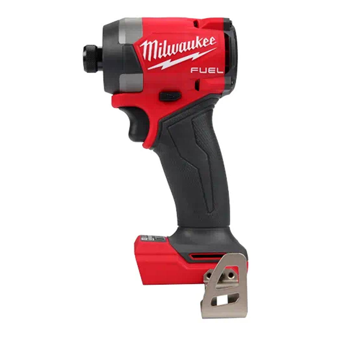 Compact red and black Milwaukee cordless impact driver with ergonomic grip and metal belt clip for home improvement tasks