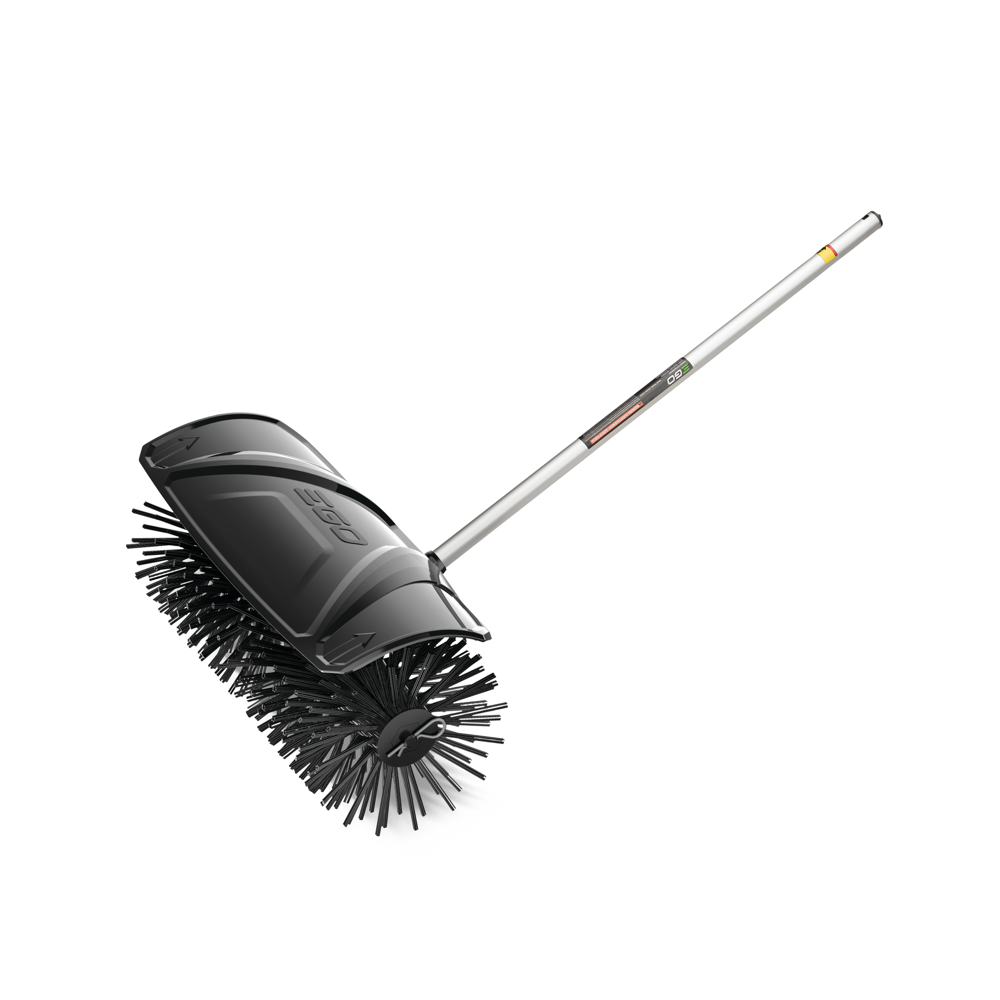 Black bristle brush attachment with long silver handle for outdoor power equipment in lawn and garden tools