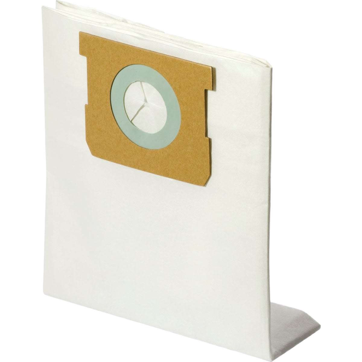 Standard white vacuum filter bag with cardboard collar for secure attachment in cleaning and home improvement tasks