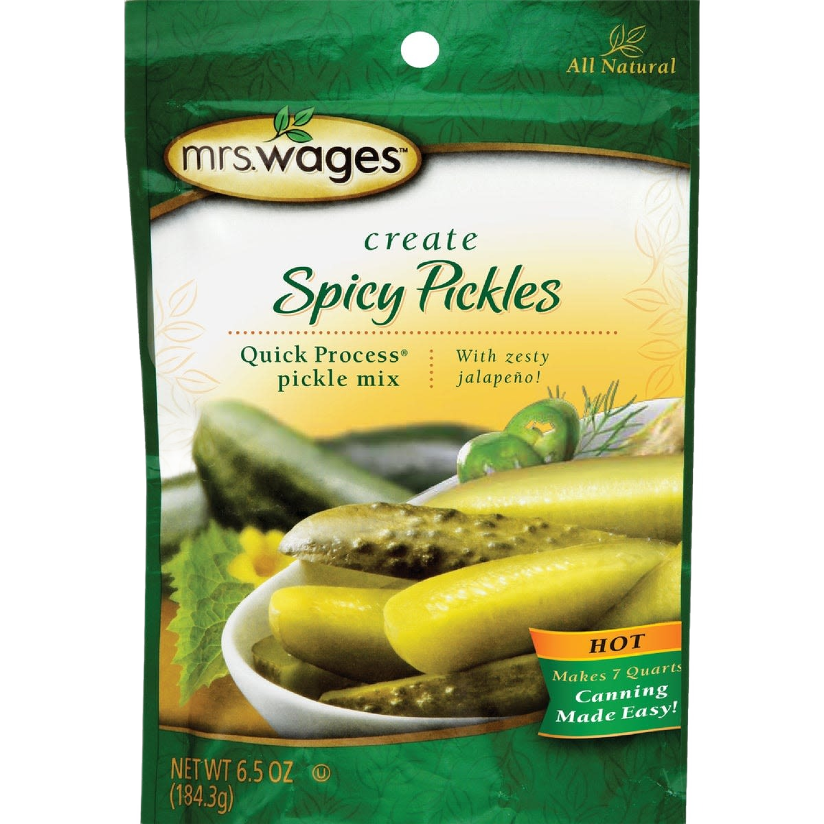 Green and yellow packaging of spicy pickling mix with images of pickles and jalapeño peppers on front