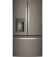 French-door refrigerator with stainless steel finish, bottom freezer drawer, and built-in water and ice dispenser in kitchen appliances collection