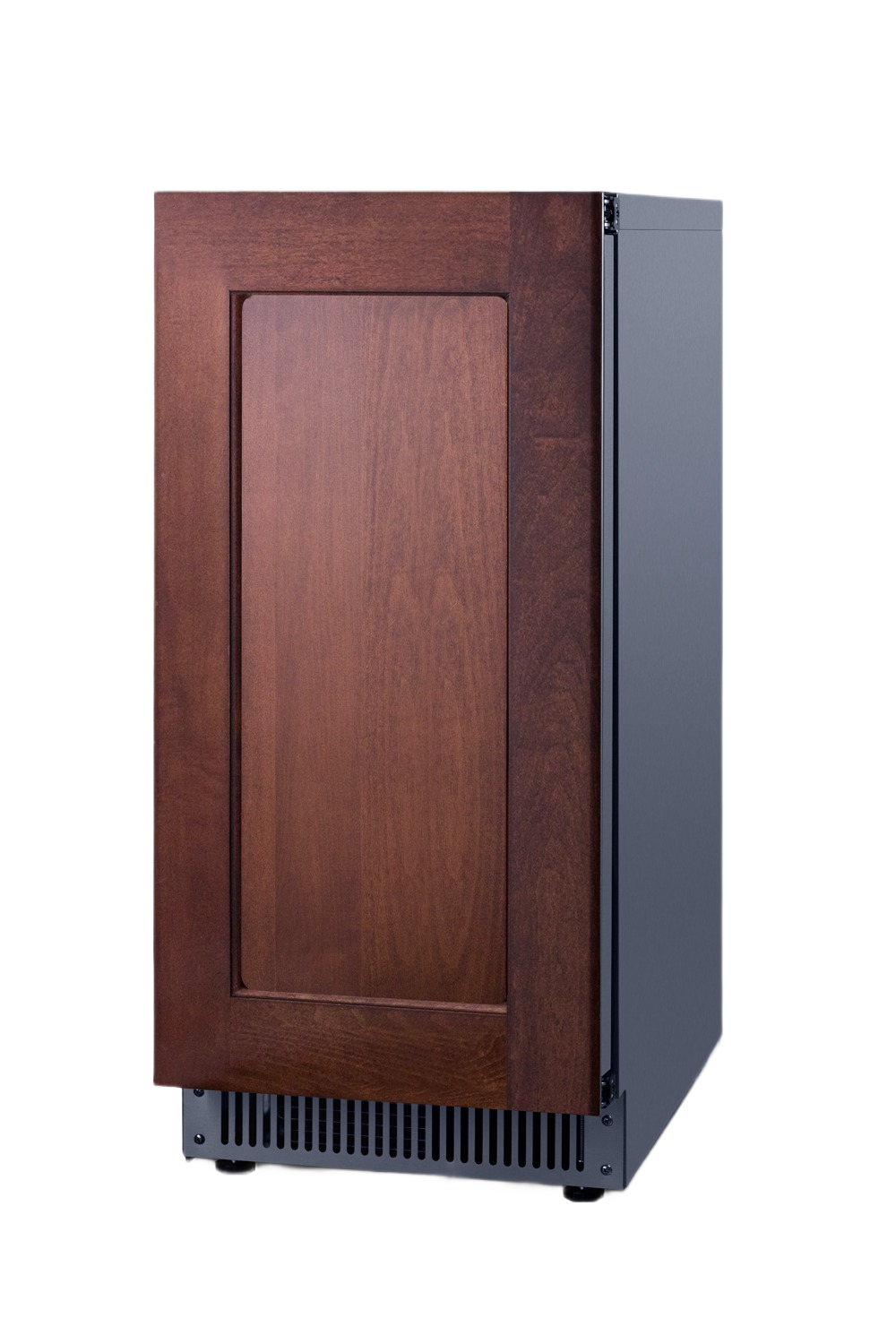 Undercounter icemaker with a dark wood panel door and black vent grill, shown in Freezers & Ice Makers, Ice Makers, Kitchen & Kitchenware, Appliances at Hartville Hardware.