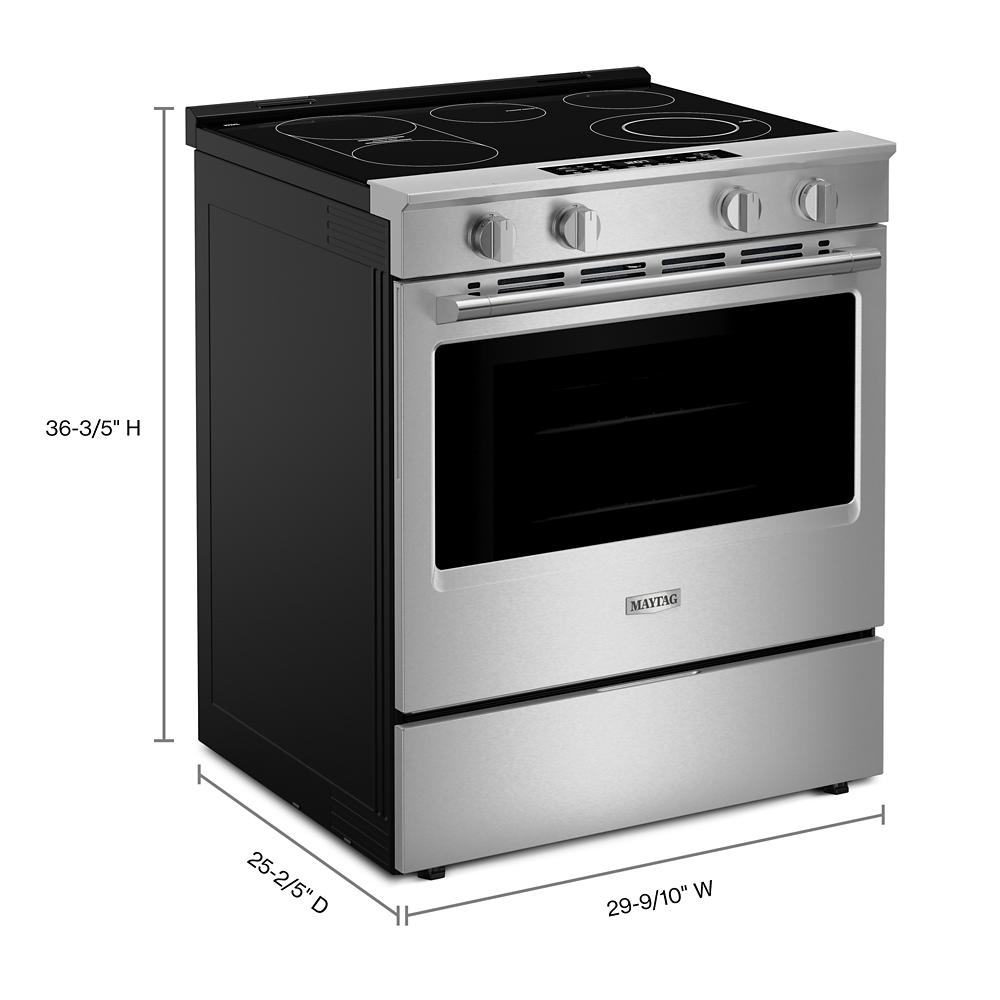 Stainless steel slide-in electric range with glass cooktop, control knobs, and spacious oven in kitchen appliances collection