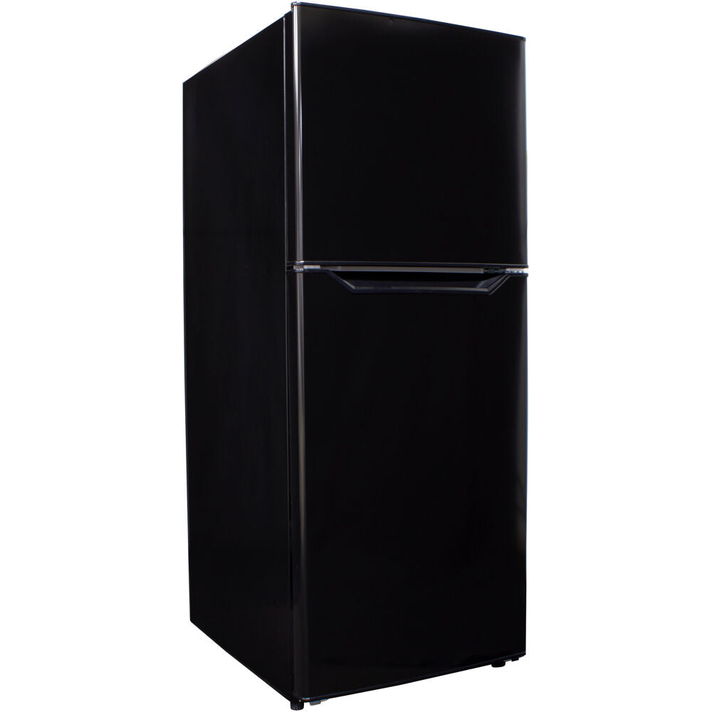 Compact black top freezer refrigerator with sleek finish, suitable for kitchen and appliance collections, home improvement use