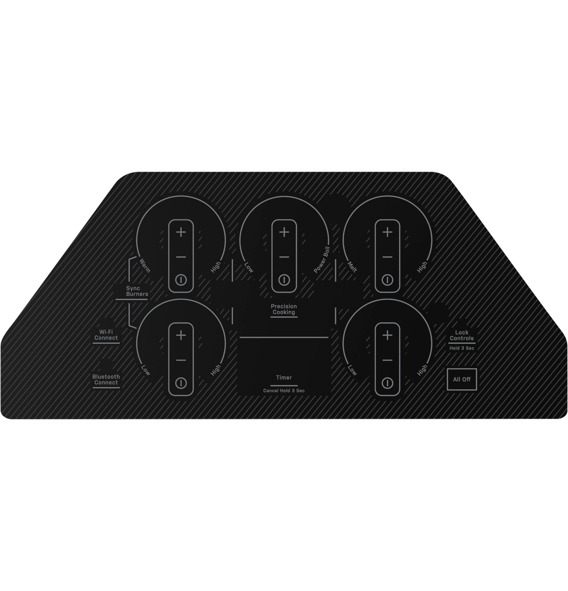 Touch control panel of black built-in electric cooktop with timers, Wi-Fi, Bluetooth, and lock features from cooktops collection