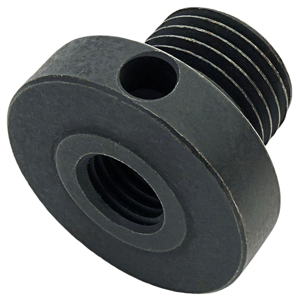 Black metal adapter with threaded male and female ends for live center attachment in woodworking tools and home improvement projects