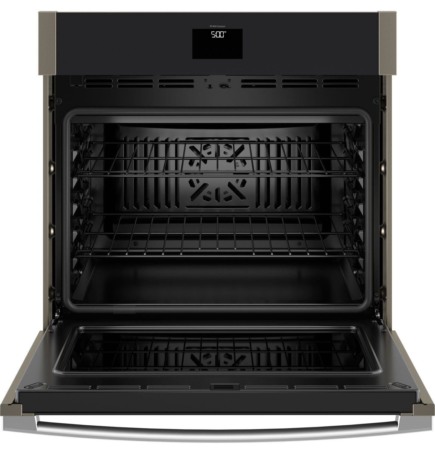 Open black built-in wall oven interior with convection fan and two oven racks from Kitchen & Kitchenware collection