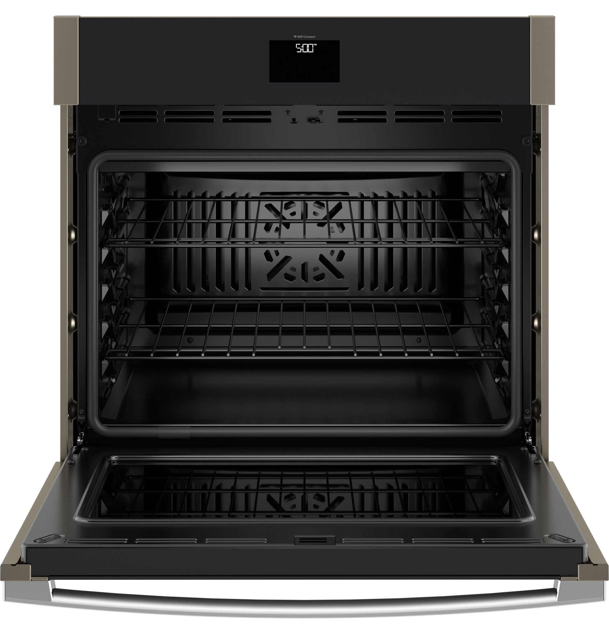 Open black built-in wall oven interior with convection fan and two oven racks from Kitchen & Kitchenware collection
