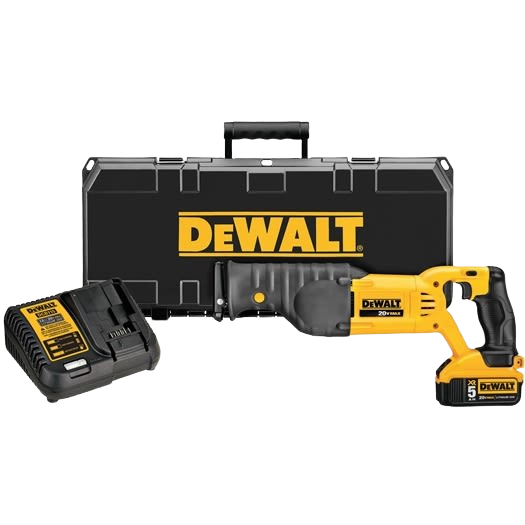 Yellow and black cordless reciprocating saw kit with battery charger and carrying case for tools and home improvement tasks