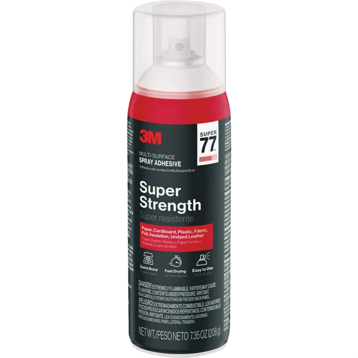 Red and black spray adhesive can with clear plastic cap designed for multi-surface home improvement use