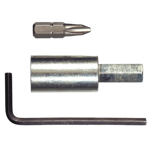 Metal hex and Phillips screwdriver bits with socket adapter and L-shaped hex wrench for hardware and tools collections