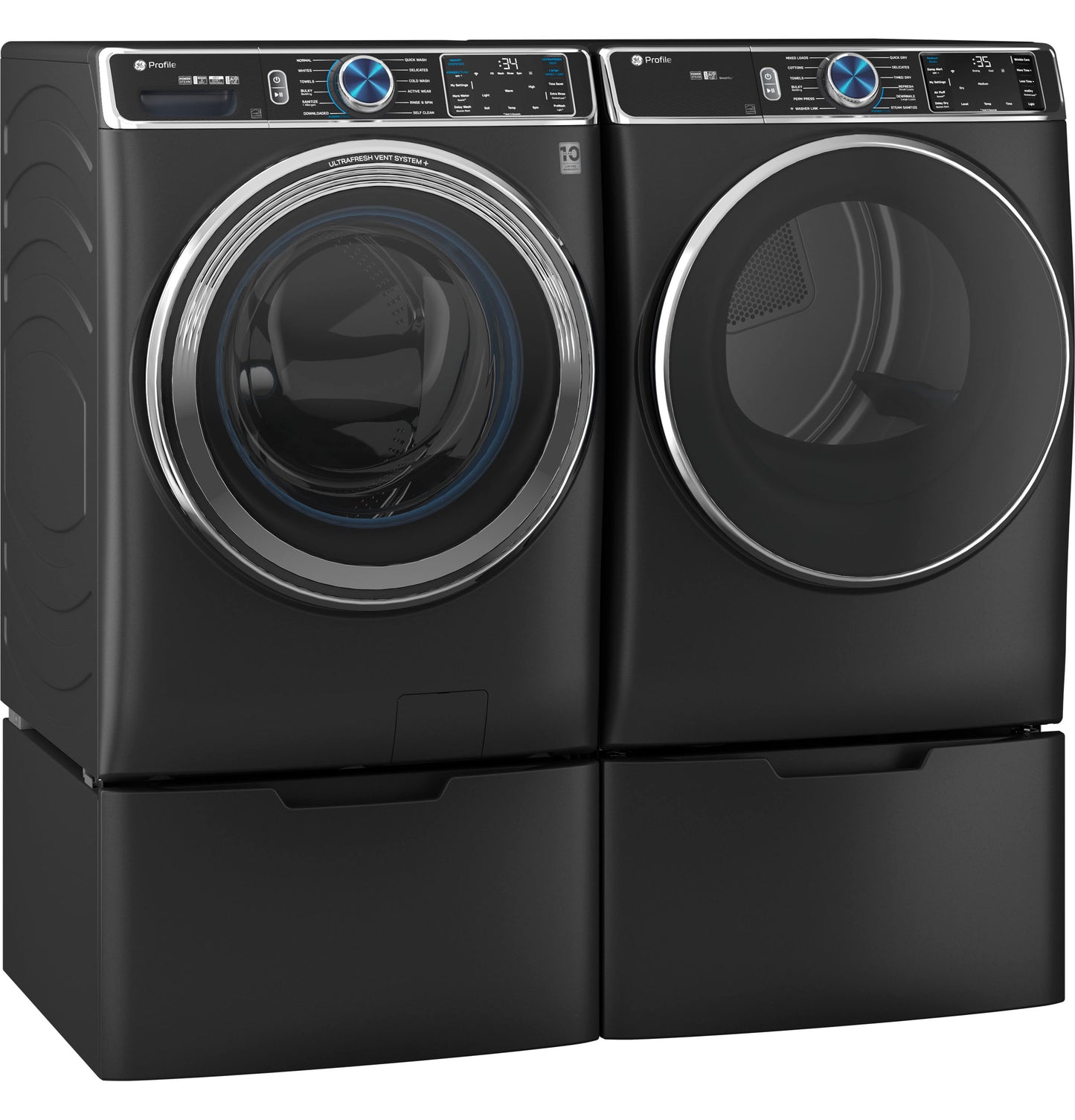 Pair of black front-load washer and dryer on matching laundry pedestals in appliances and parts accessories collection