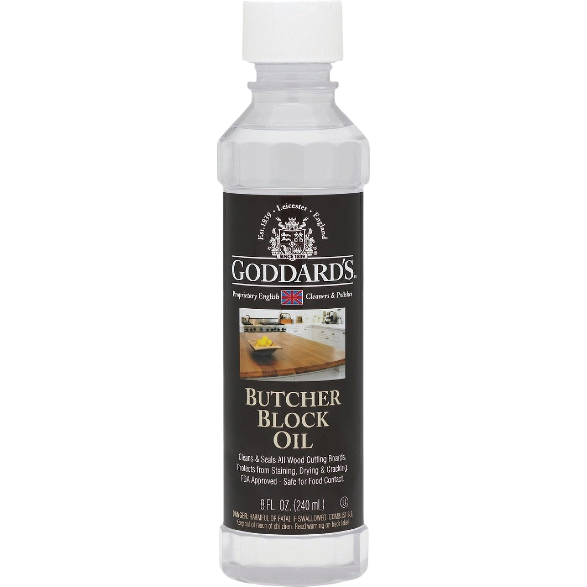Clear plastic bottle of wood conditioner oil with black label for sealing and protecting butcher blocks