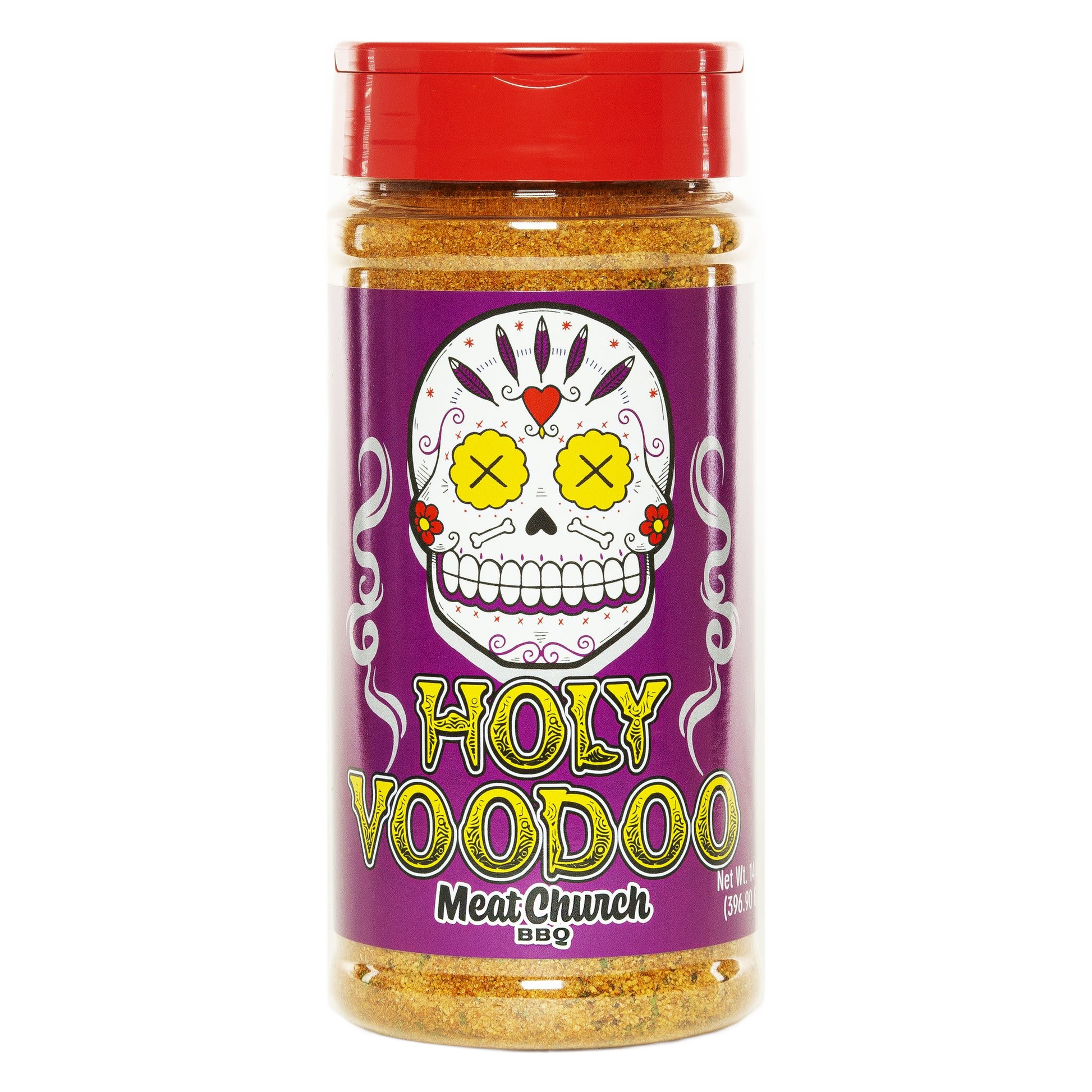 Bottle of gluten-free Holy Voodoo seasoning with colorful skull label for grilling and BBQ sauce spice collections