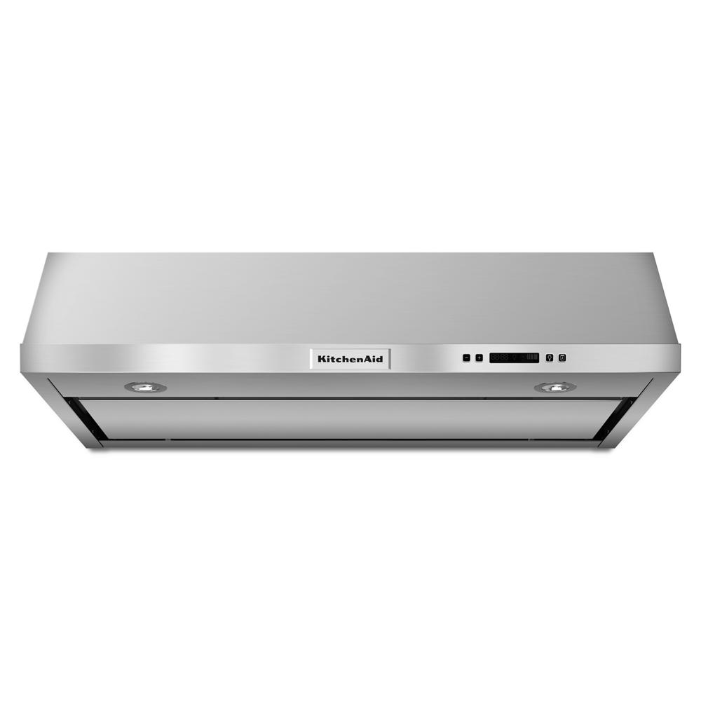 Stainless steel under-cabinet ventilation hood with LED lights and electronic controls from KitchenAid Appliances collection