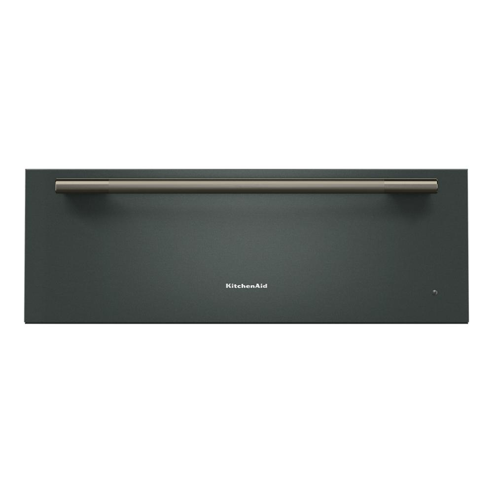 Matte black warming drawer with brushed gold handle, part of kitchen appliances for home improvement projects